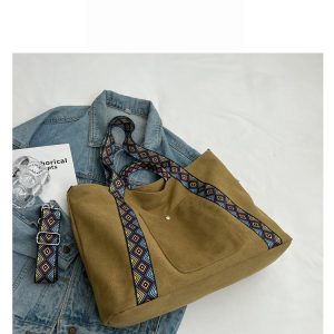Soild Style Large Capacity Canvas Tote Bag With Pocket and