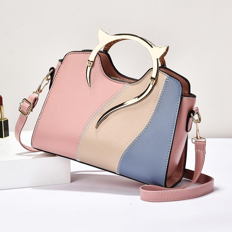 Fashion Color Block PU Handbag with Metal Handle