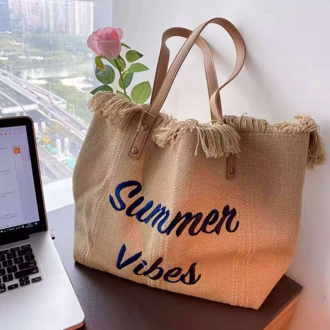 Large Capacity Canvas Bag Embroidered Letter Handbag Women's Bag Woven Beach Bag Shoulder Bag